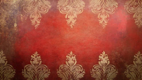 Vintage red damask pattern on textured ornamental wall.