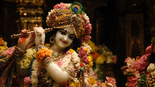 Ornate Hindu deity statue with jeweled crown and floral garlands