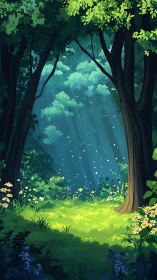 Enchanted Forest Clearing with Bioluminescent Particles and Towering Trees