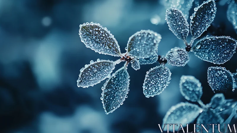 Frost-kissed leaves shimmer under morning dew in blue light.