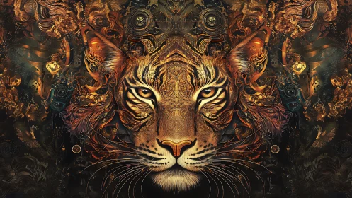 Symmetrical digital tiger portrait with abstract detailing.