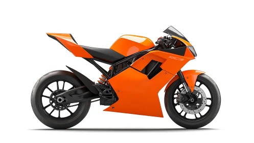 Orange bullet motorcycle slices air with razor-edged minimalism