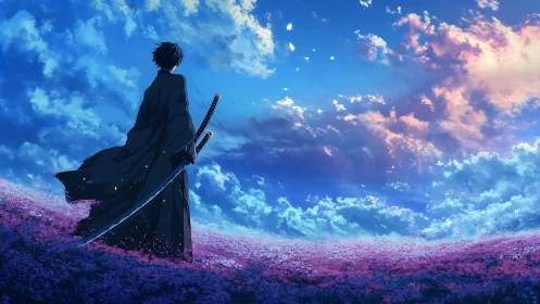 Sword-bearing figure stands in flower field under sky