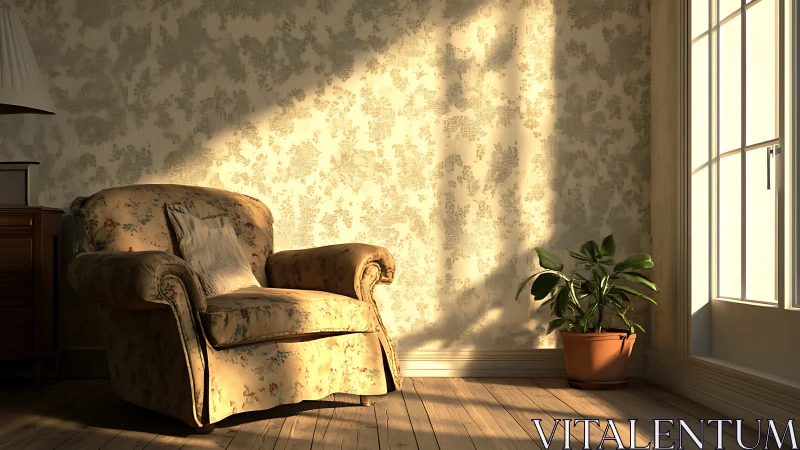 Sunlit floral armchair and potted plant in volumetric dusk light.