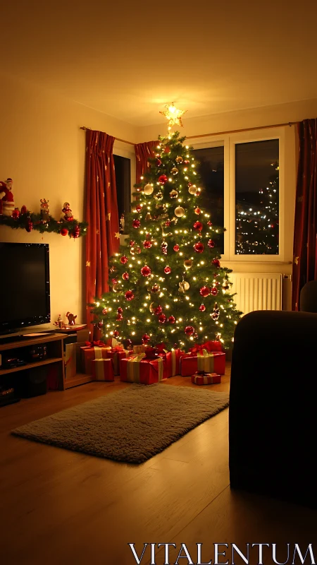 Illuminated living‑room Christmas tree with wrapped gifts arrayed.