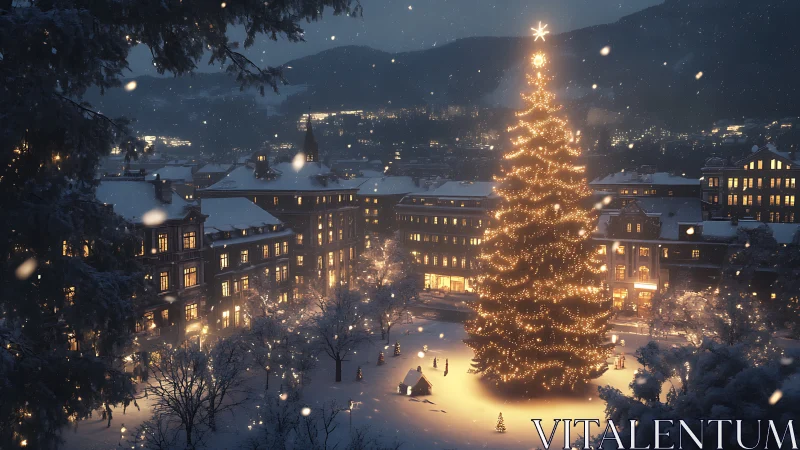 Snowy European town square with illuminated Christmas tree at night