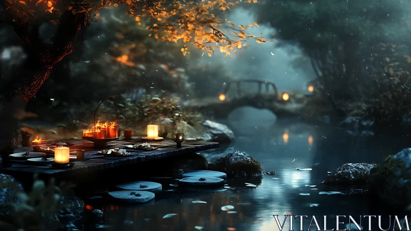 Lanternlit river feast beneath whispering autumn branches.
