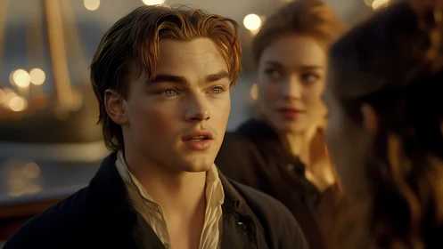 Golden-hour deckside gaze in a softly glowing seascape tableau.