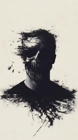 Ink-slashed silhouette where human portrait bleeds to skull.