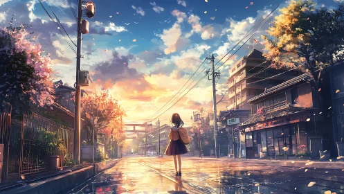 Girl stands on wet street under vivid sunset sky