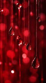 Crimson droplets suspended in rich luminous bokeh field.