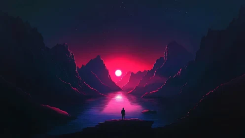 Neon horizon landscape with silhouetted figure and mirrored sun glow.