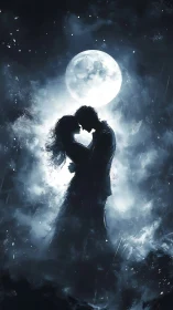 Moonlit embrace beneath starlit cosmos.