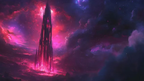 Crystalline void spire under magenta storm-washed nebula sky.