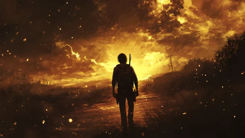 Silhouetted lone figure on rural road under fiery sky.