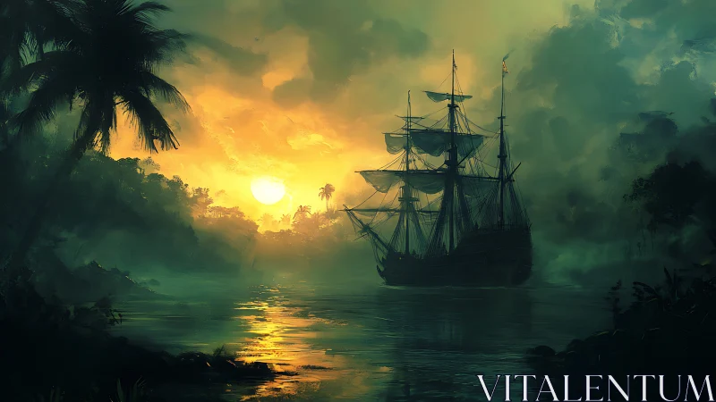 Sunlit galleon drifting through misty tropical lagoon.