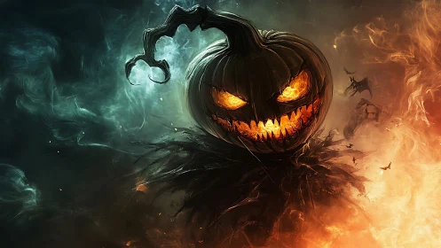 Cinder grins as the pumpkin wraith strides through crackling dusk