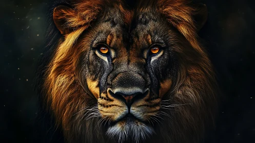 Symmetric frontal portrait of a lion rendered in high contrast