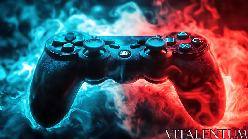 DualShock-style gamepad in bicolor neon vapor cloud lighting