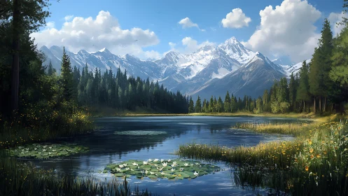 Lakeside lilies bask beneath storybook snowcapped peaks.