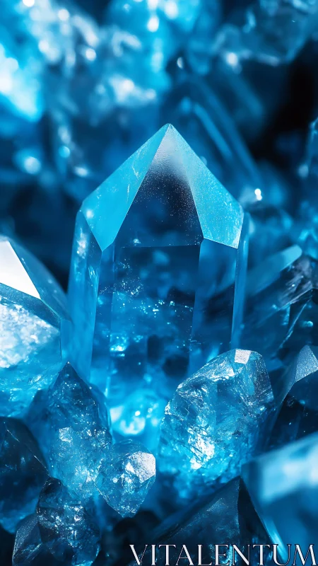 Glistening blue crystal cluster glows with icy clarity.