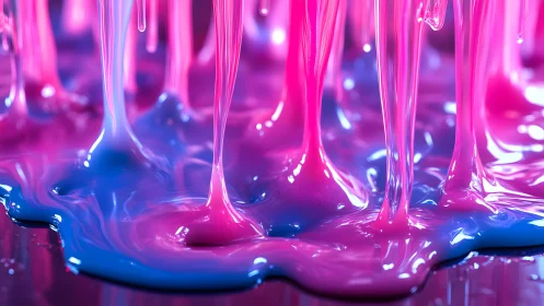 Pink and Blue Viscous Paint Drips in Abstract Macro Style.