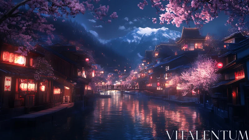 Night canal town glows under lanterns and distant snowy peaks