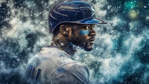 Focused baseball player surrounded by swirling icy energy.