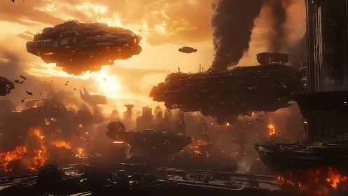 Orbital dreadnoughts above a burning future megacity skyline.