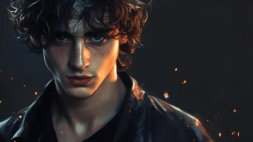 Brooding ember-eyed youth framed in molten dusk light.