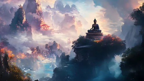Skyborne Buddha above misty peaks and dream-bright valleys.