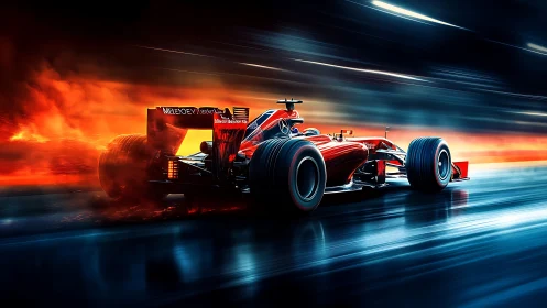 Red Formula car slices wet track through molten light.