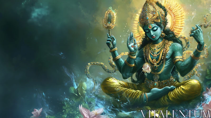 Blue four-armed deity figure in lotus pose with golden halo.