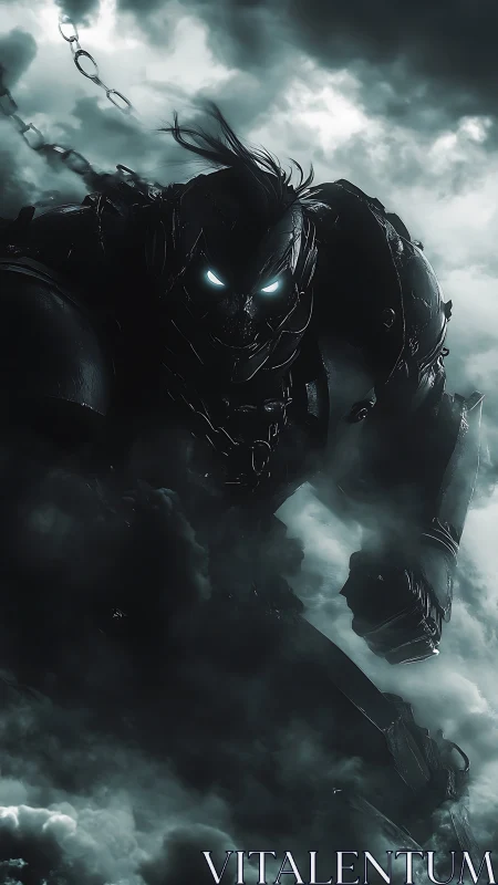 Stormbound cyber knight emerging from swirling clouds.