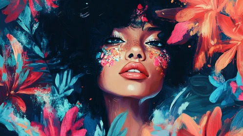Chromatic portrait of floral-adorned woman in digital paint.