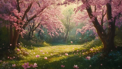 Whispering cherry grove bathing in spellbound springlight.