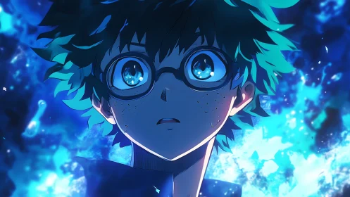 Shocked anime boy glows against a storm of electric blue light