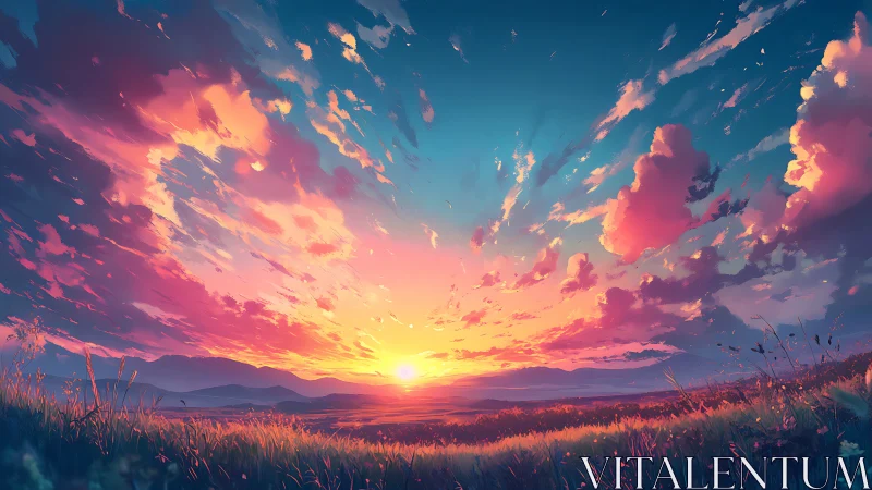 Wide-angle digital sunset sky with saturated volumetric cloudscape