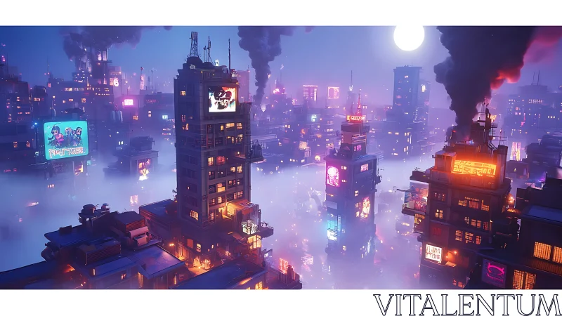 Neon-lit high-rise district in fog under full moon at night.
