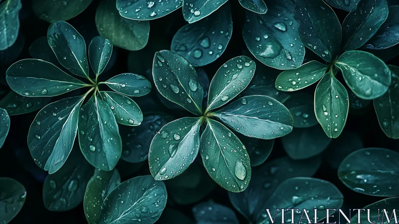 Gentle raindrops rest on lush green leaves in soft calm