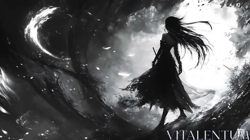 Silhouetted warrior stands before swirling monochrome vortex