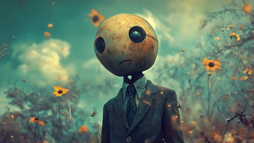 Surreal suited robot with round head in wildflower meadow.