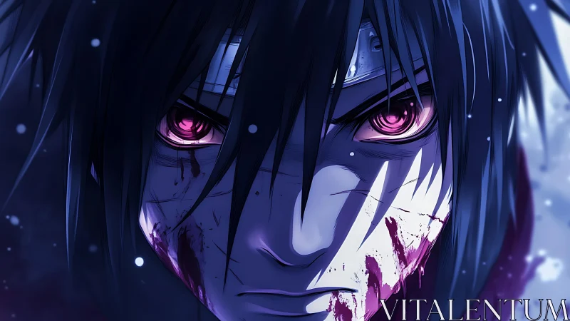 Intense anime warrior close-up with glowing eyes.