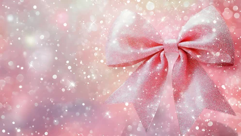 Glitter pink ribbon bow on sparkling bokeh pastel background.