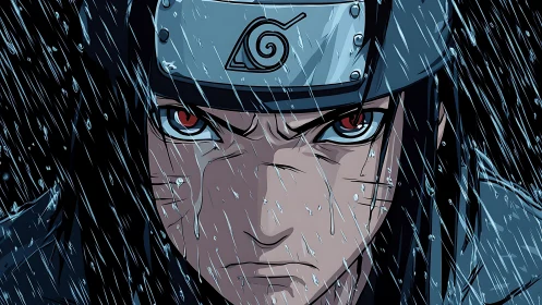 Intense shinobi portrait under heavy stylized rainfall.