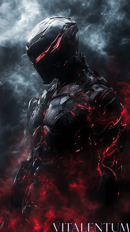 Cybernetic warrior burns through shadowed crimson smoke.