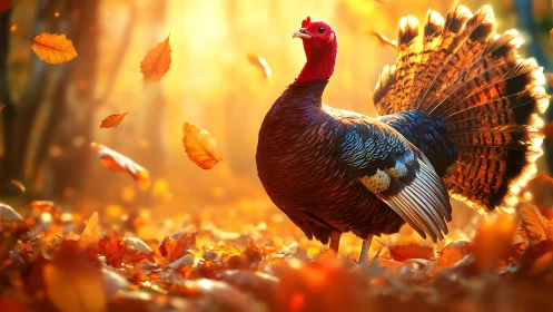 Autumn forest turkey under volumetric backlight and leaf motion.