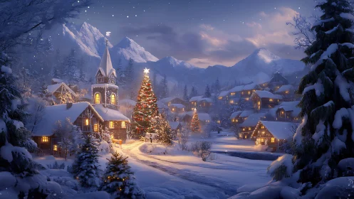 Snowy alpine village glows around a magical Christmas tree