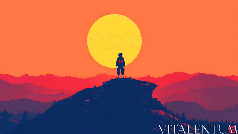 Solitary hero gazes toward a bold sun over painted peaks