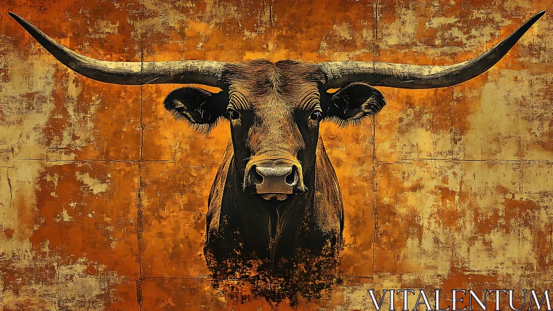Longhorn bull portrait dominates textured burnt ocher wall